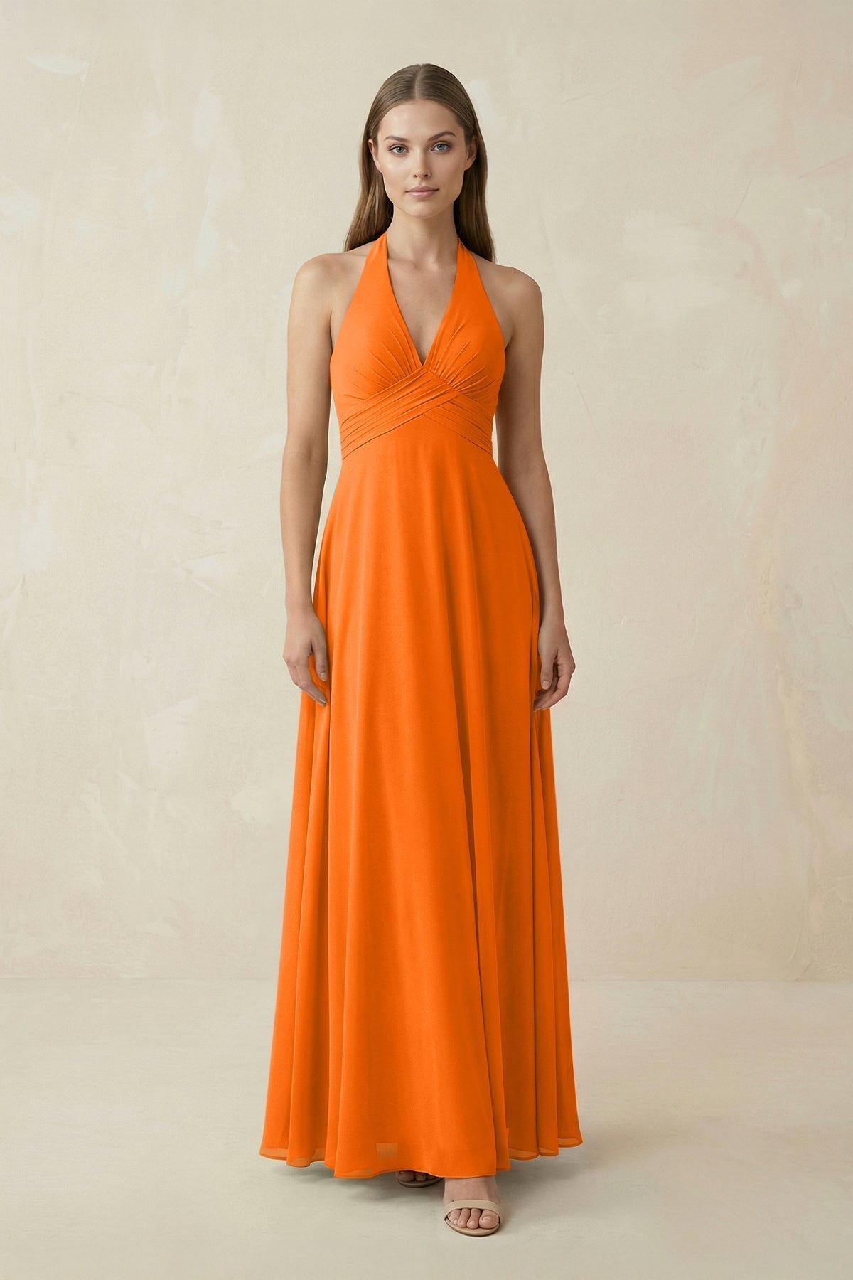 A-Line Pleated Chiffon V-Neck Bridesmaid Dress in Cinnamon