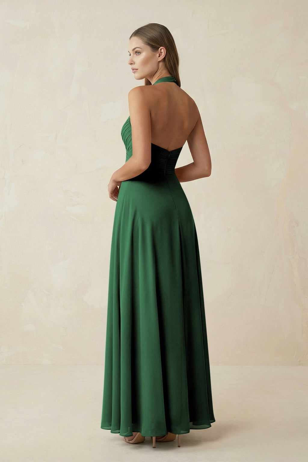 A-Line Pleated Chiffon V-Neck Bridesmaid Dress in Dark Green