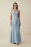 A-Line Pleated Chiffon V-Neck Bridesmaid Dress in Dusty Blue