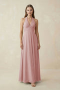 A-Line Pleated Chiffon V-Neck Bridesmaid Dress in Dusty Rose