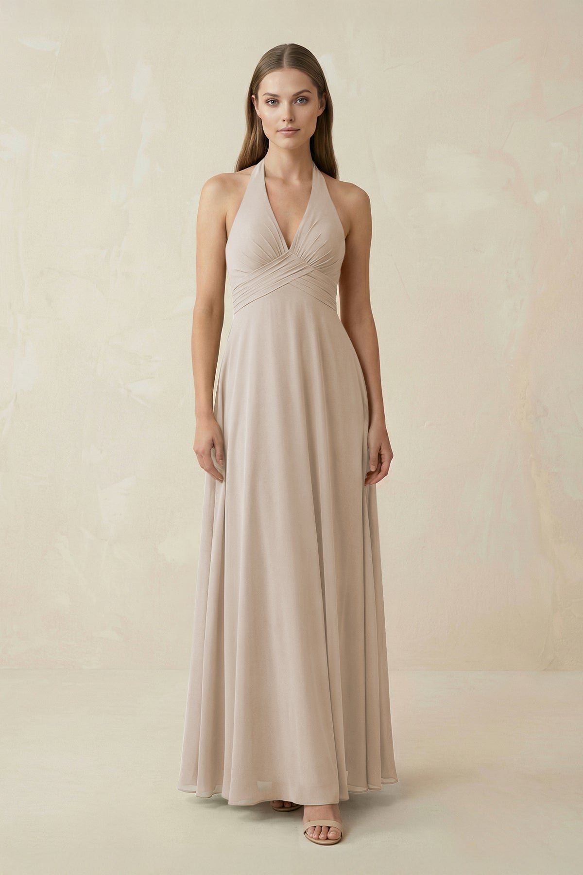 A-Line Pleated Chiffon V-Neck Bridesmaid Dress in Frost