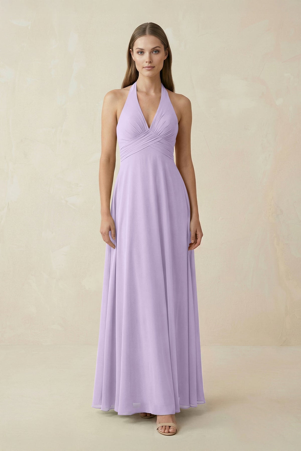 A-Line Pleated Chiffon V-Neck Bridesmaid Dress in Lavender