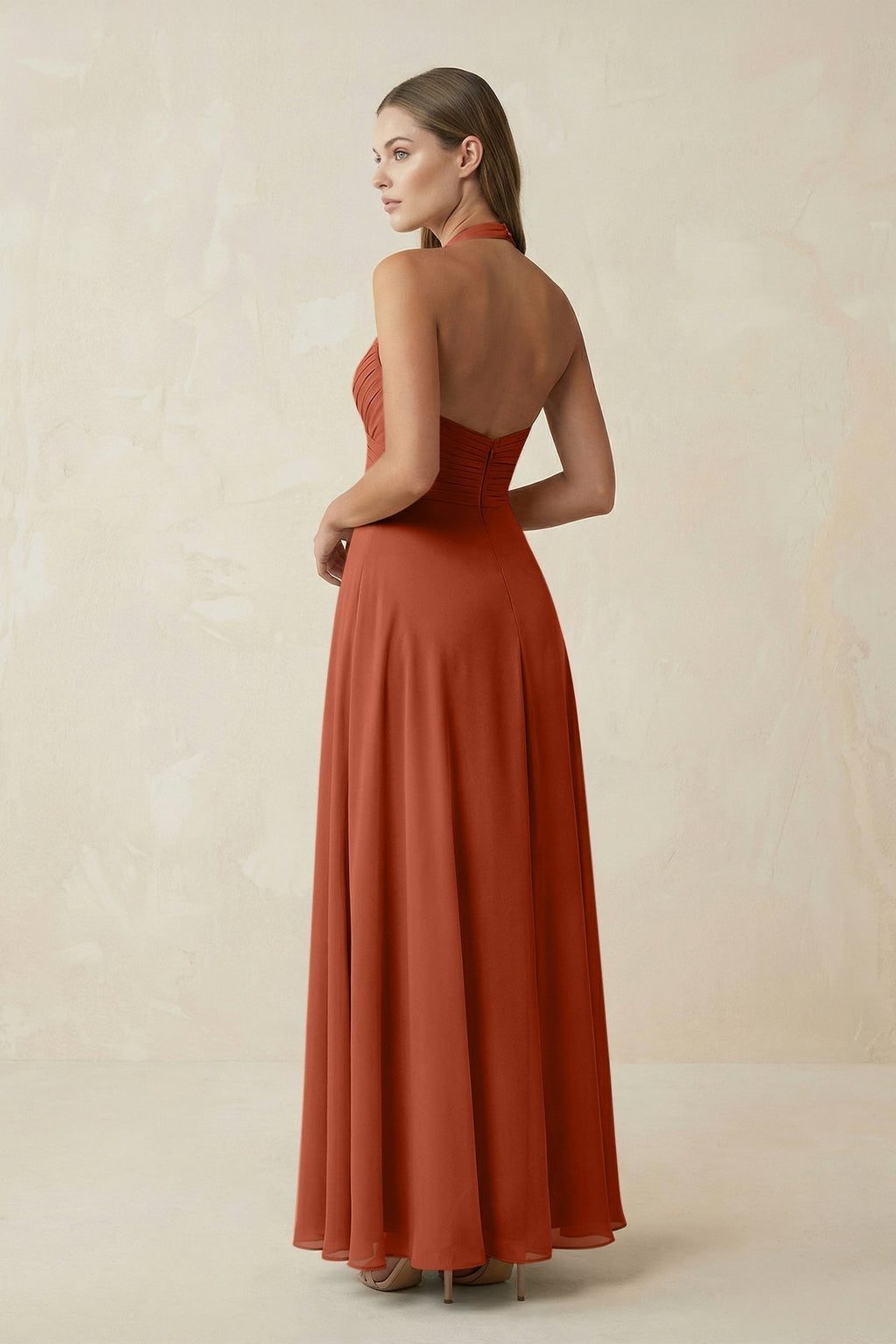 A-Line Pleated Chiffon V-Neck Bridesmaid Dress in Spice