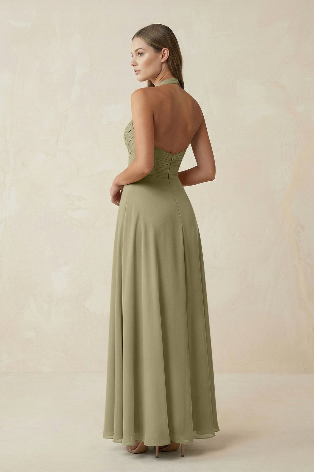 A-Line Pleated Chiffon V-Neck Bridesmaid Dress in Thyme