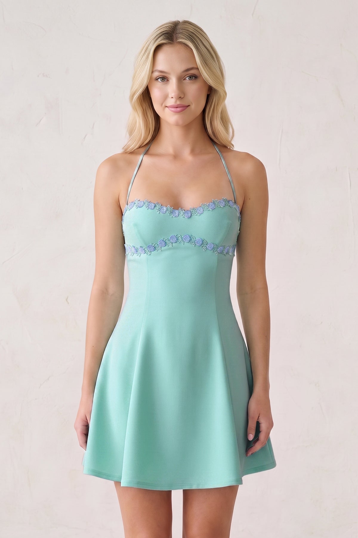 Pink Halter A-Line Embroidery Satin Short Homecoming Dress