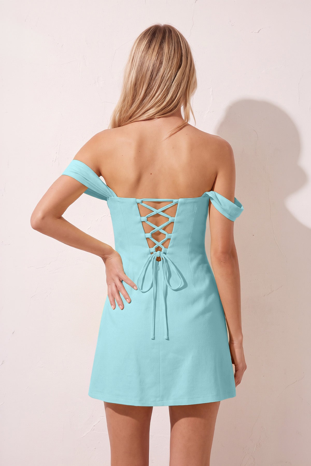 Yellow Off the Shoulder Linen Sheath Homecoming Dress with Lace Up Back