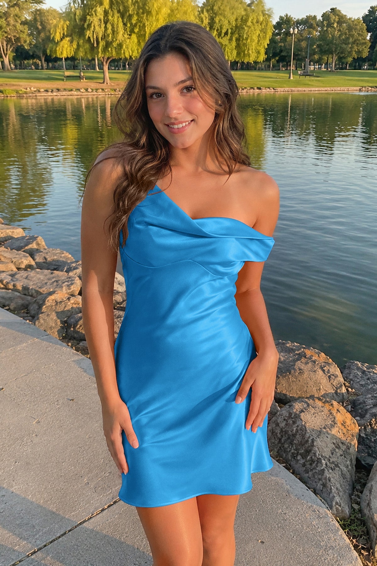Aqua One-Shoulder Satin Ruched Sheath Homecoming Dress