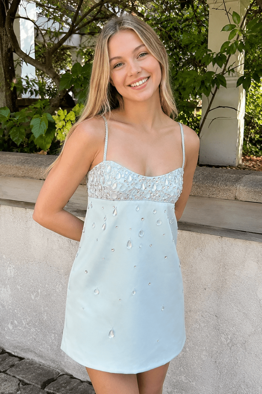 Aqua Spaghetti Straps Sheath Satin Homecoming Dress With Beading
