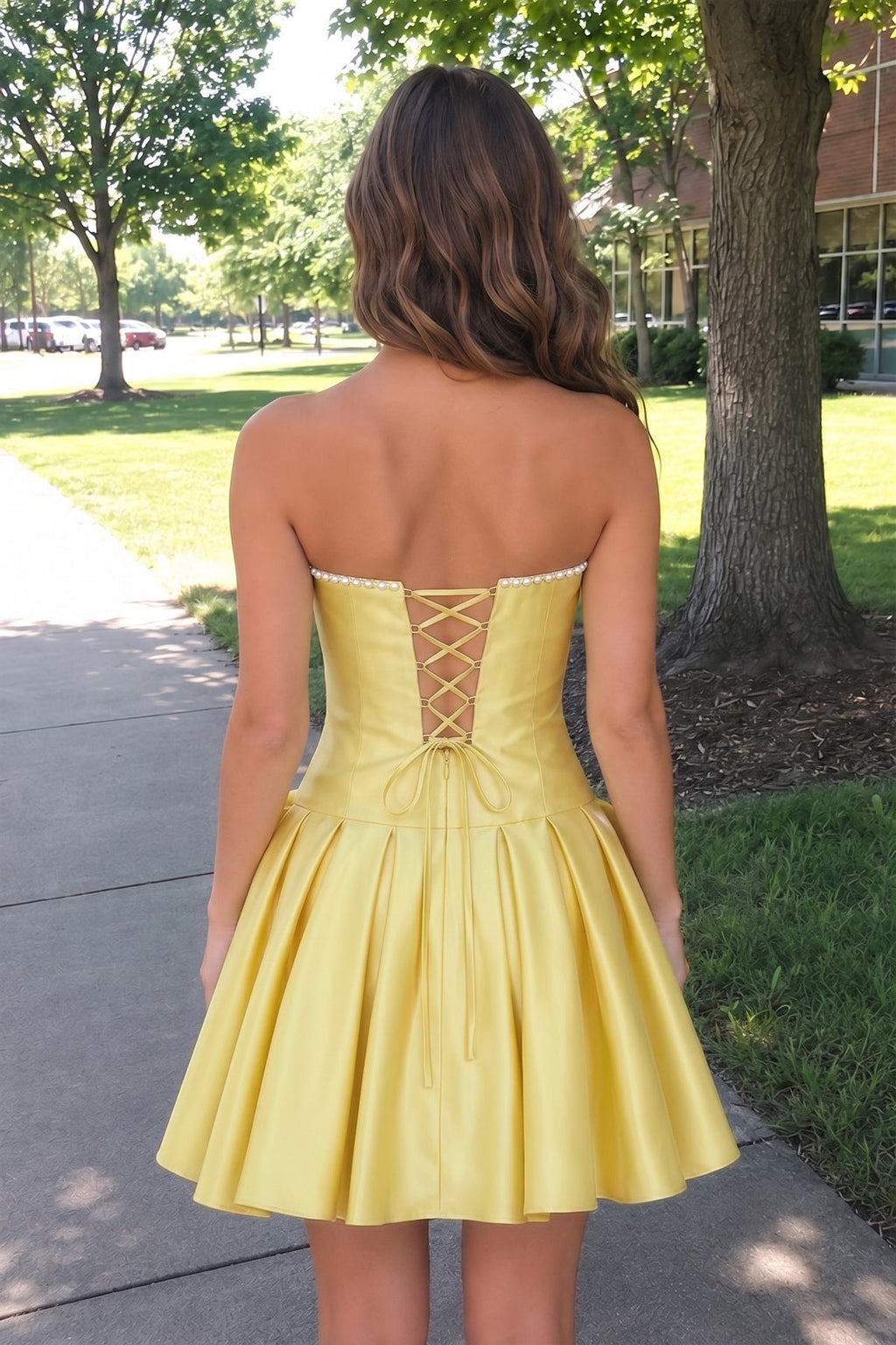 Aqua Strapless A-Line Satin Ruched Bow Homecoming Dress With Pearl