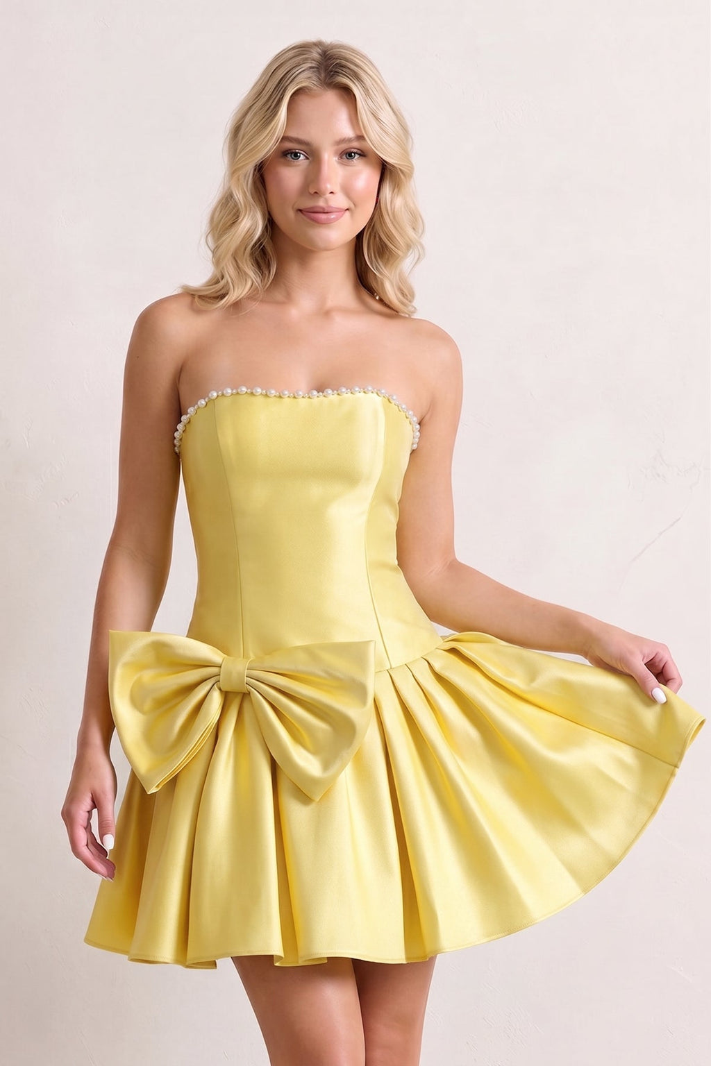 Aqua Strapless A-Line Satin Ruched Bow Homecoming Dress With Pearl