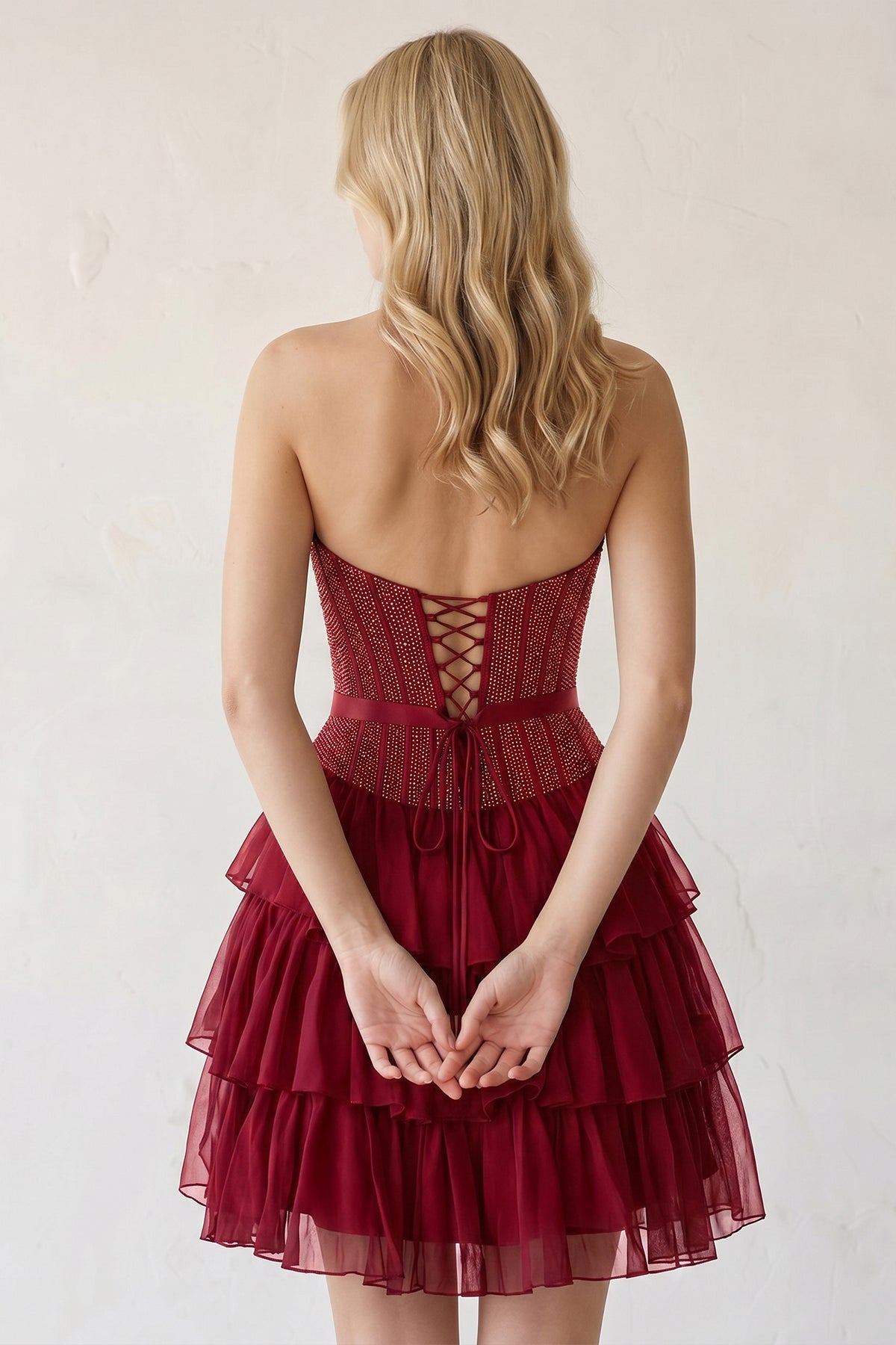 Black Beaded Corset Strapless Ruffled A-Line Homecoming Dress