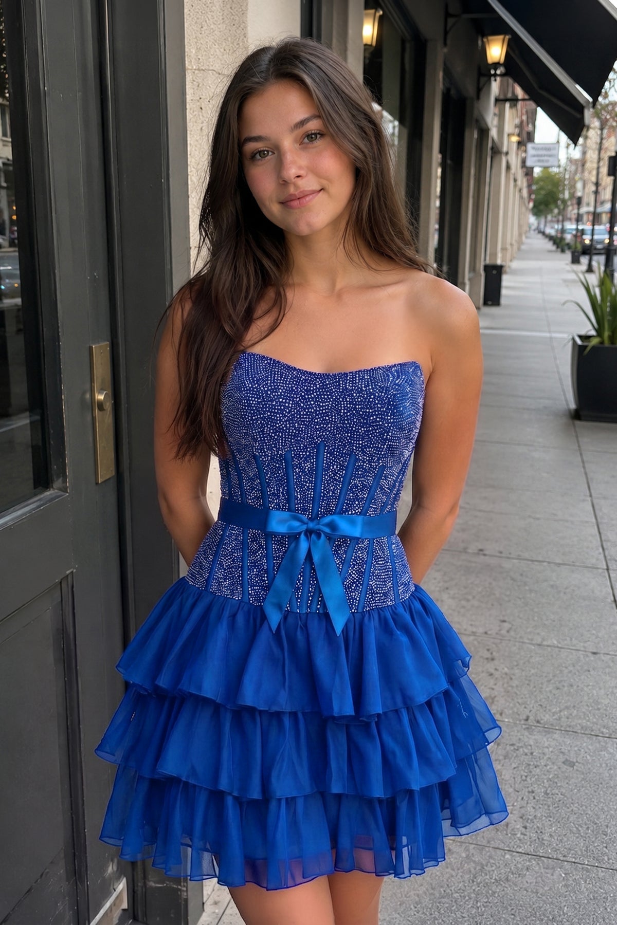 Black Beaded Corset Strapless Ruffled A-Line Homecoming Dress