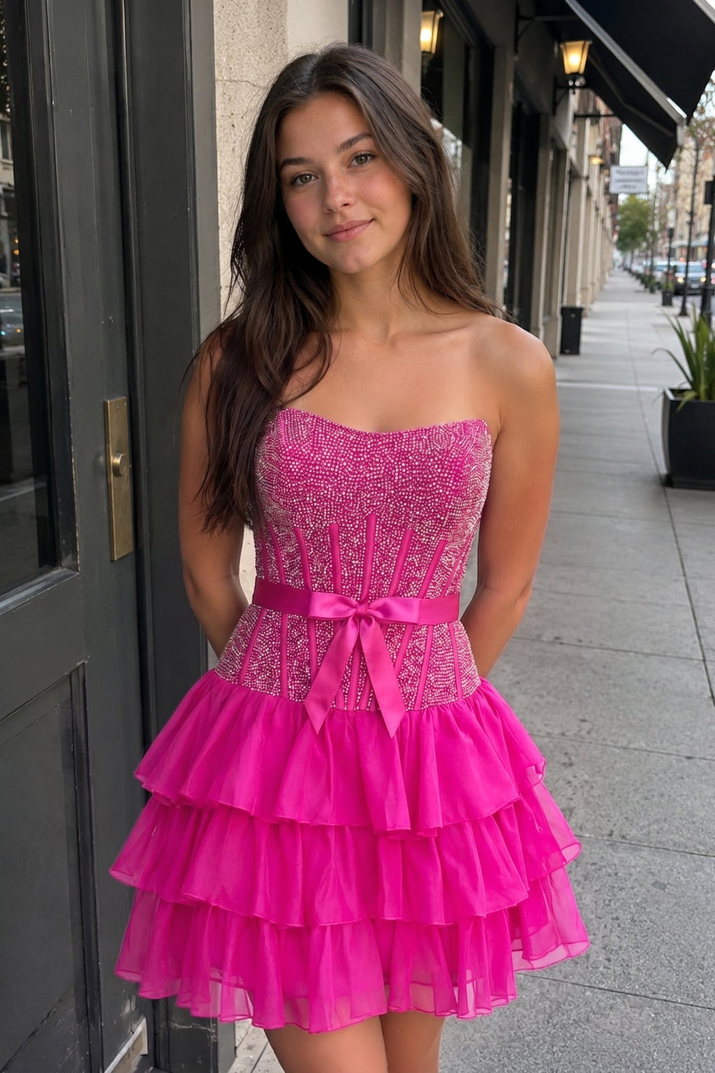 Black Beaded Corset Strapless Ruffled A-Line Homecoming Dress