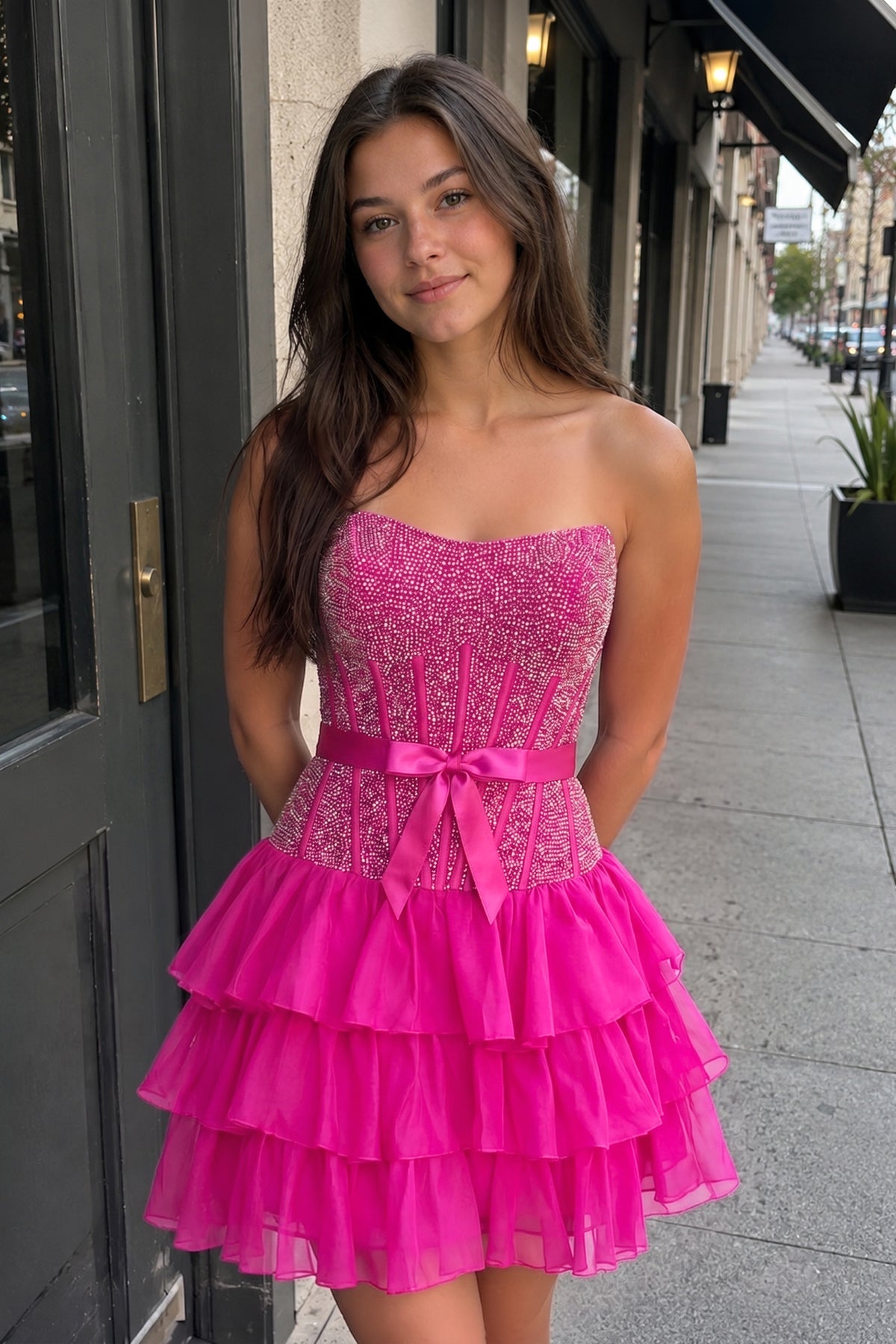 Black Beaded Corset Strapless Ruffled A-Line Homecoming Dress