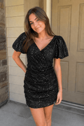 Black Sequin V-Neck Sheath Short Sleeve Mini Party Dresses