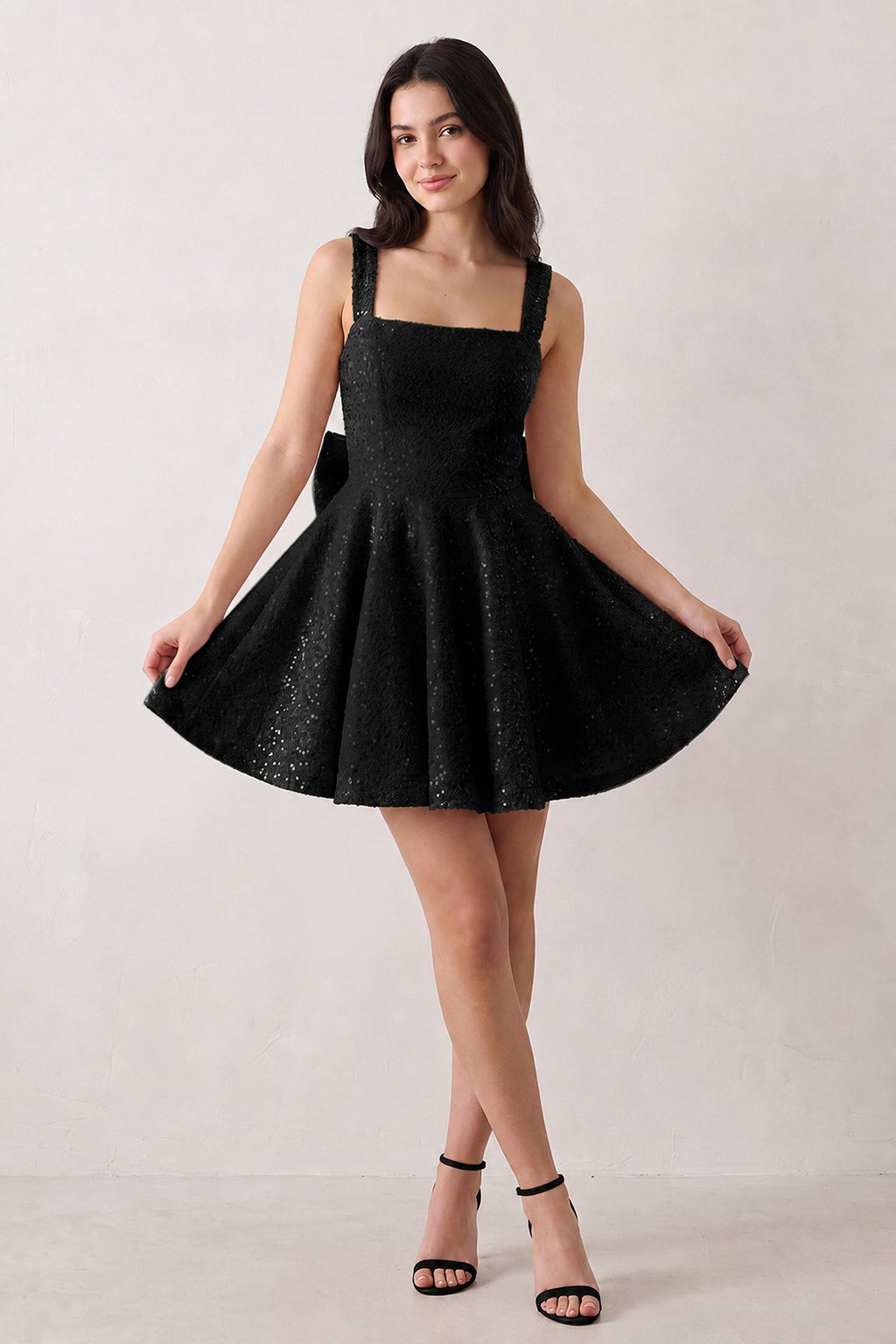 Sparkly Pink Square Neck A-Line Sequin Ruched Homecoming Dress with Bow