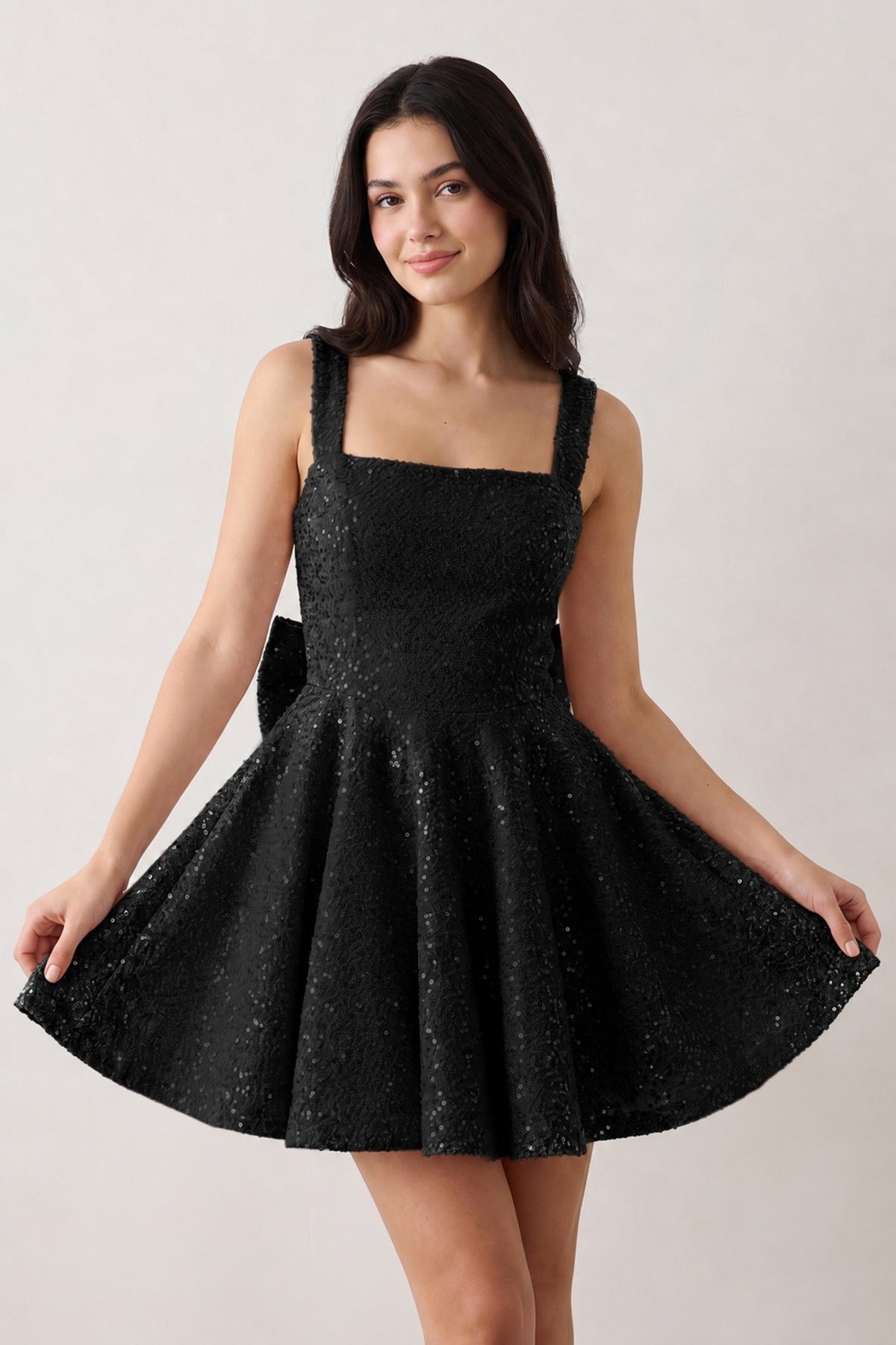 Sparkly Pink Square Neck A-Line Sequin Ruched Homecoming Dress with Bow
