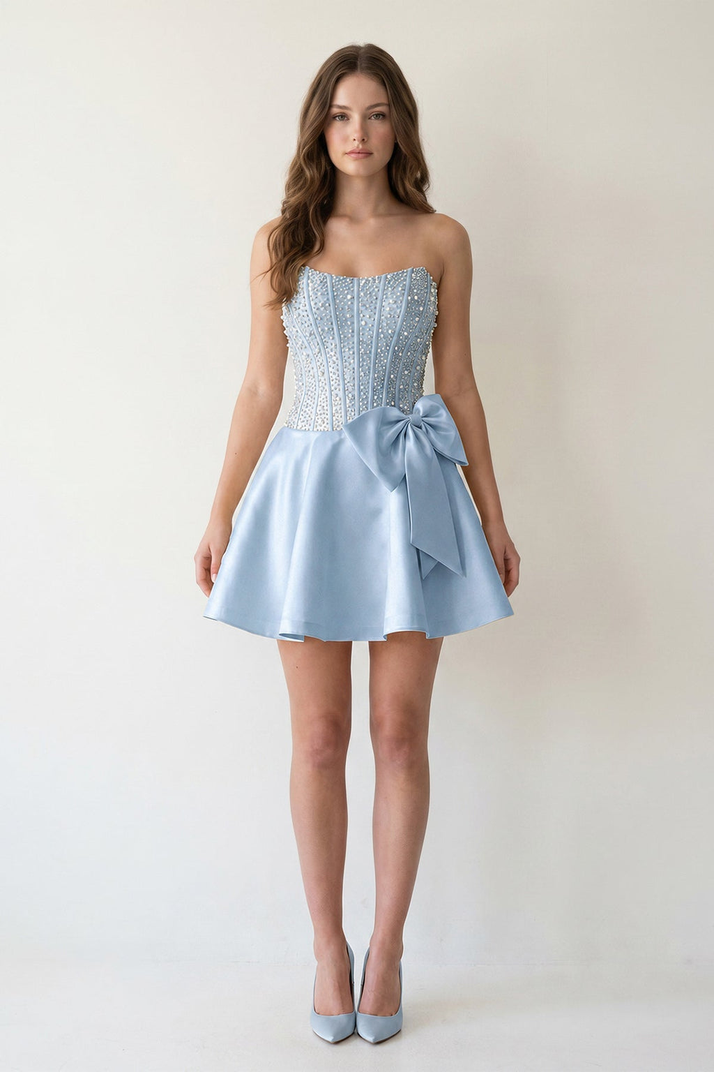 Black Sparkly Strapless A-Line Satin Corset Mini Homecoming Dress With Pearl