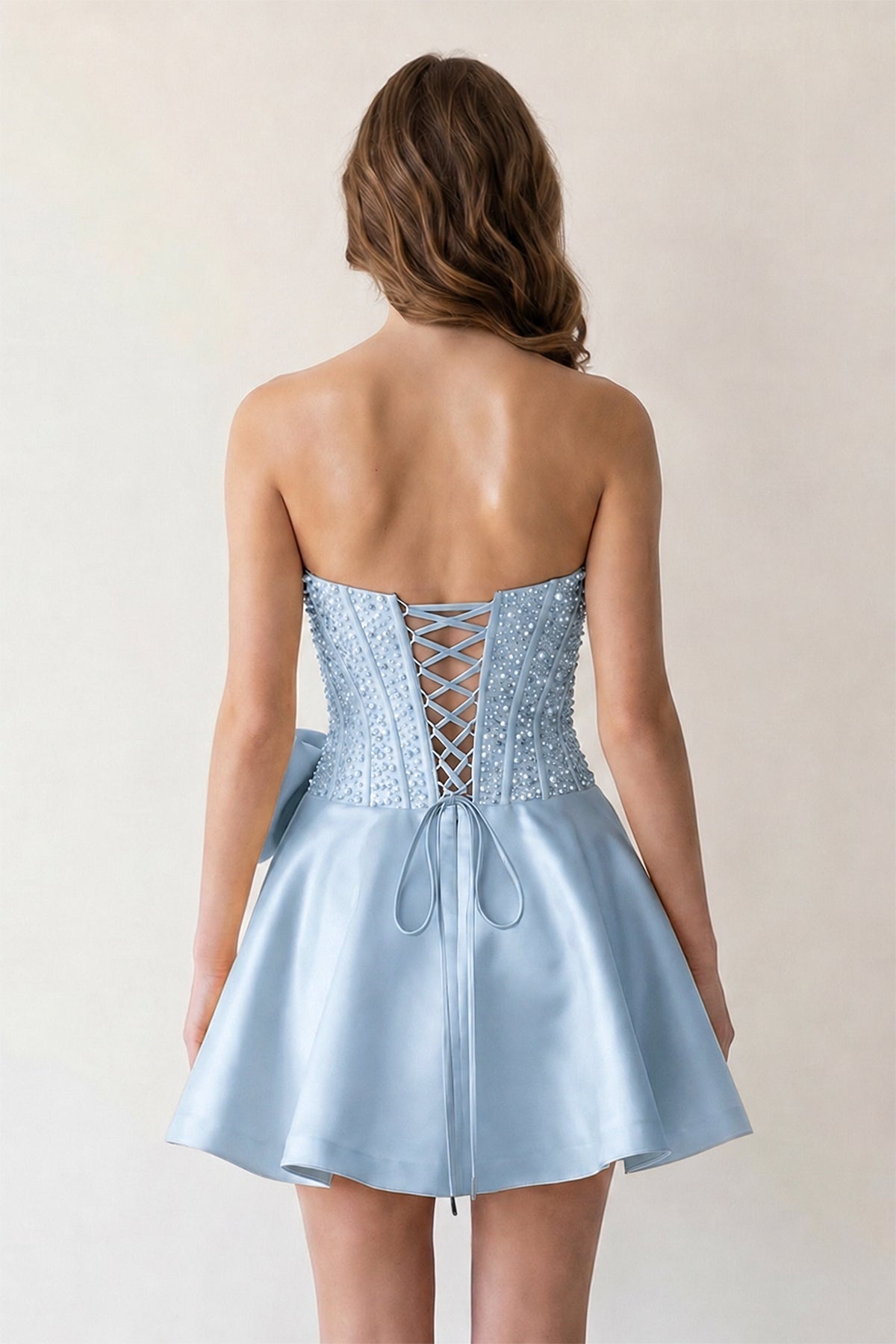 Black Sparkly Strapless A-Line Satin Corset Mini Homecoming Dress With Pearl