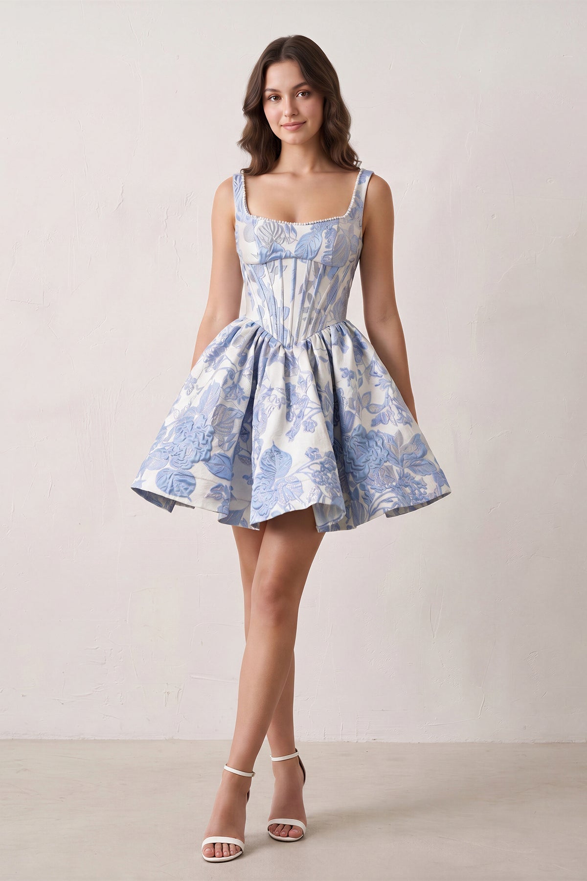 Blue A-Line Square Neck Jacquard Corset Homecoming Dress With Pearl