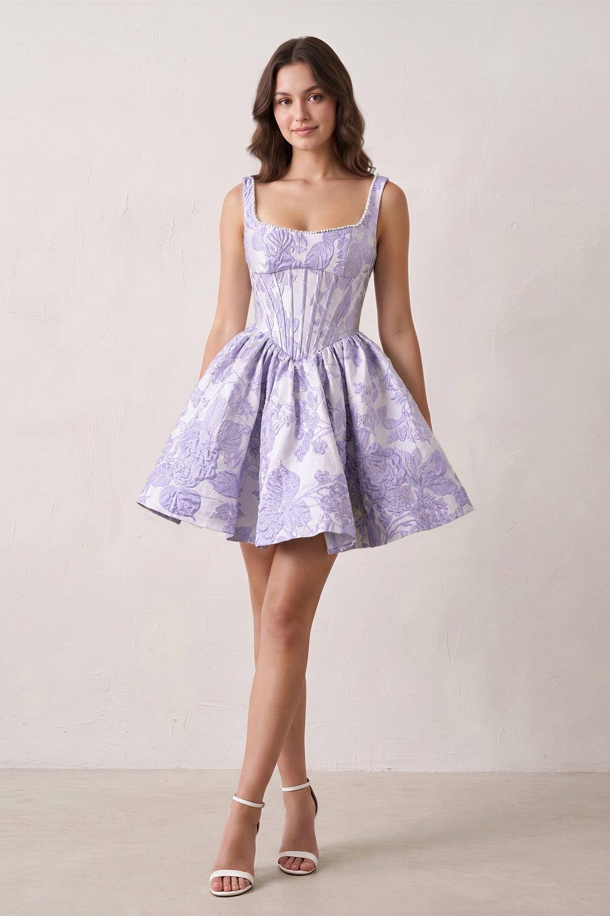 Blue A-Line Square Neck Jacquard Corset Homecoming Dress With Pearl