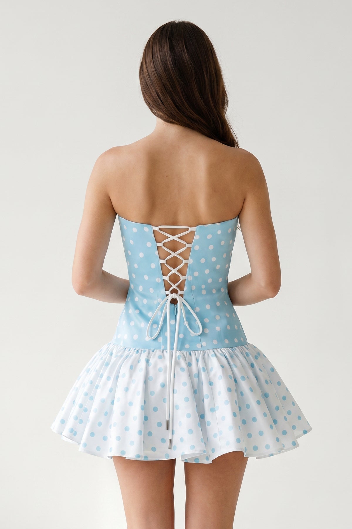 Blue Polka Dots Strapless A-Line Satin Homecoming Dress With Bow