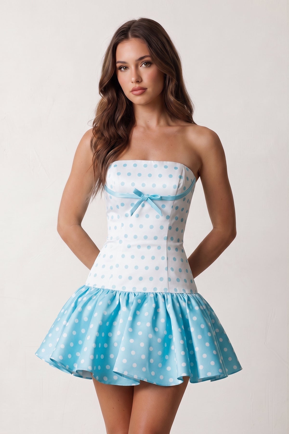 Blue Polka Dots Strapless A-Line Satin Homecoming Dress With Bow