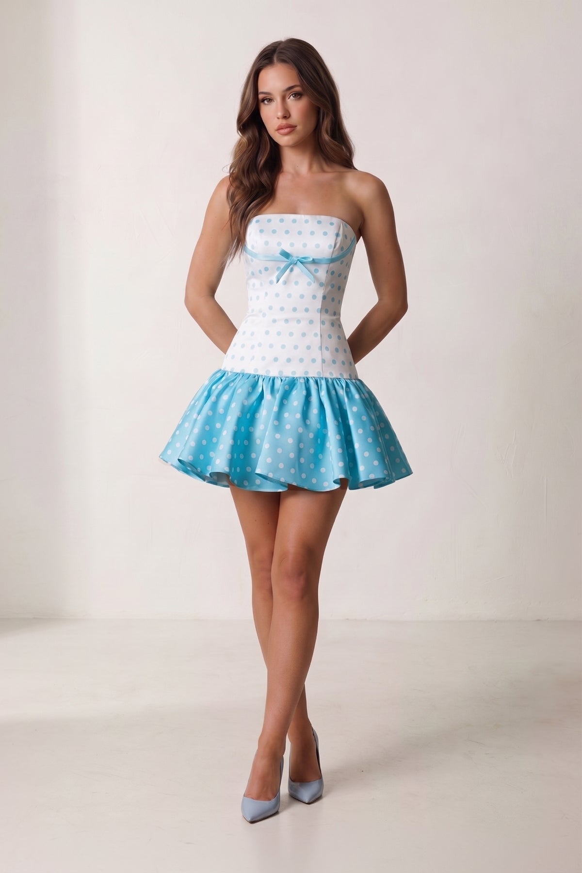Blue Polka Dots Strapless A-Line Satin Homecoming Dress With Bow
