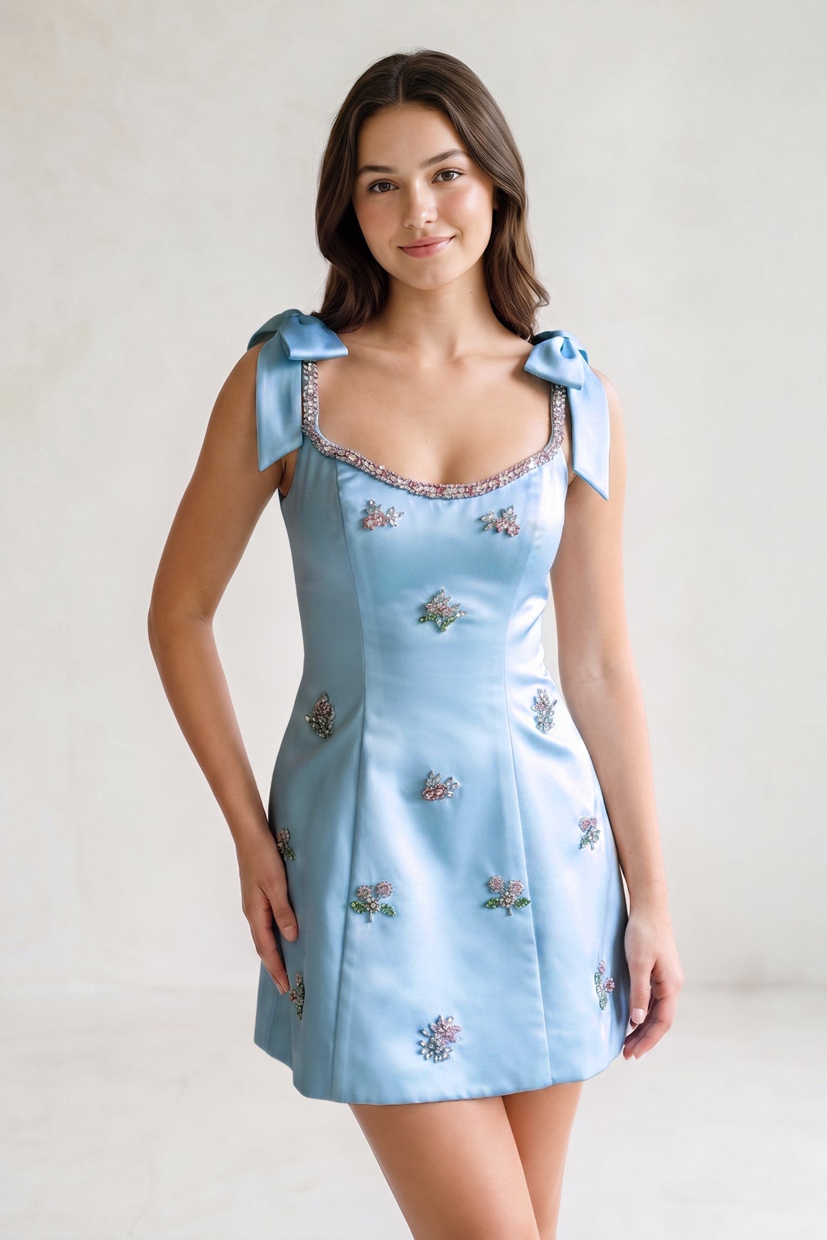 White Scoop Neck A-Line Satin Beaded Homecoming Dress with Bow