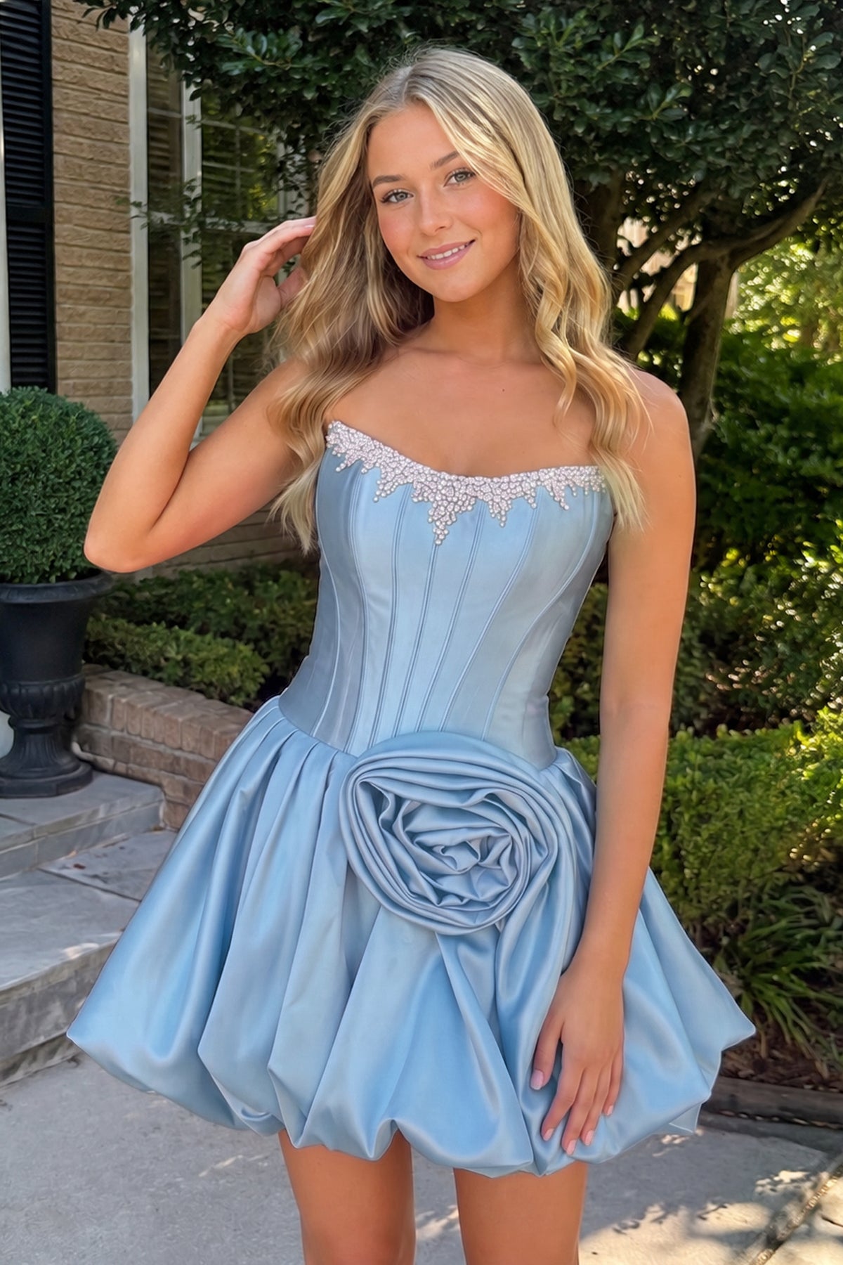 Hot Pink Strapless Satin A-Line Ruched Corset Homecoming Dress with Beading
