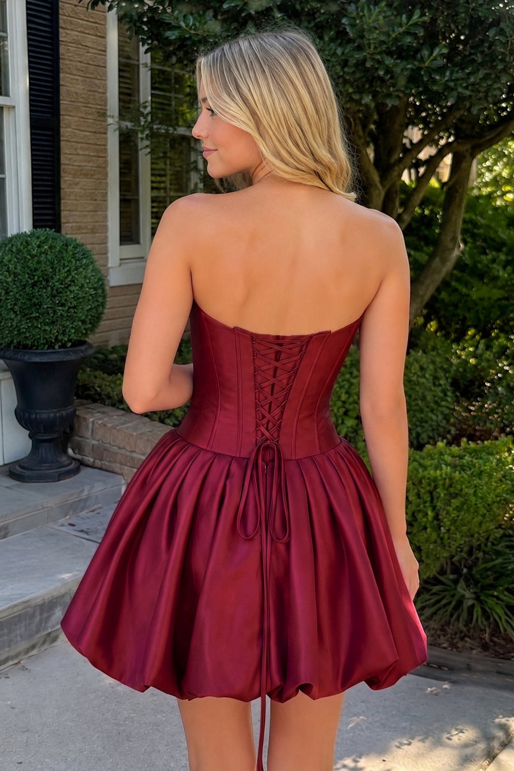 Hot Pink Strapless Satin A-Line Ruched Corset Homecoming Dress with Beading