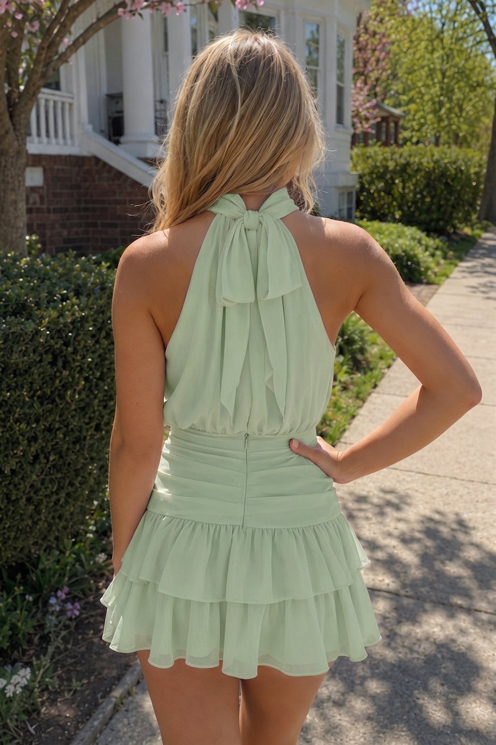 Candy Pink Halter Chiffon Tiered Ruffled A-Line Homecoming Dress