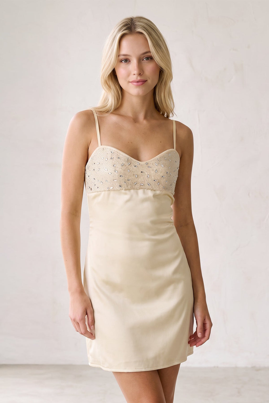 Champagne Spaghetti Straps Sheath Rhinestones Satin Homecoming Dress with Tie Back