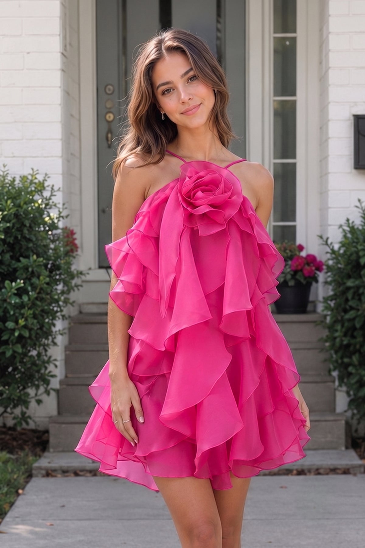 Coral Pink Ruffled Chiffon Halter Asymmetrical A-Line Homecoming Dress