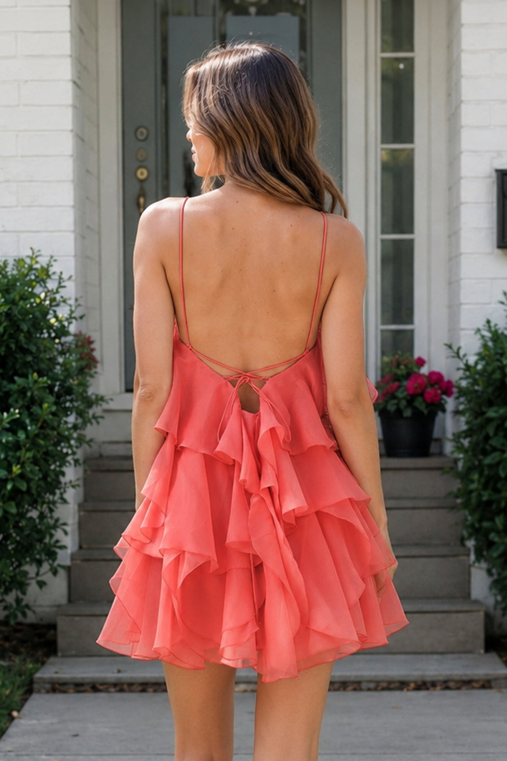 Coral Pink Ruffled Chiffon Halter Asymmetrical A-Line Homecoming Dress