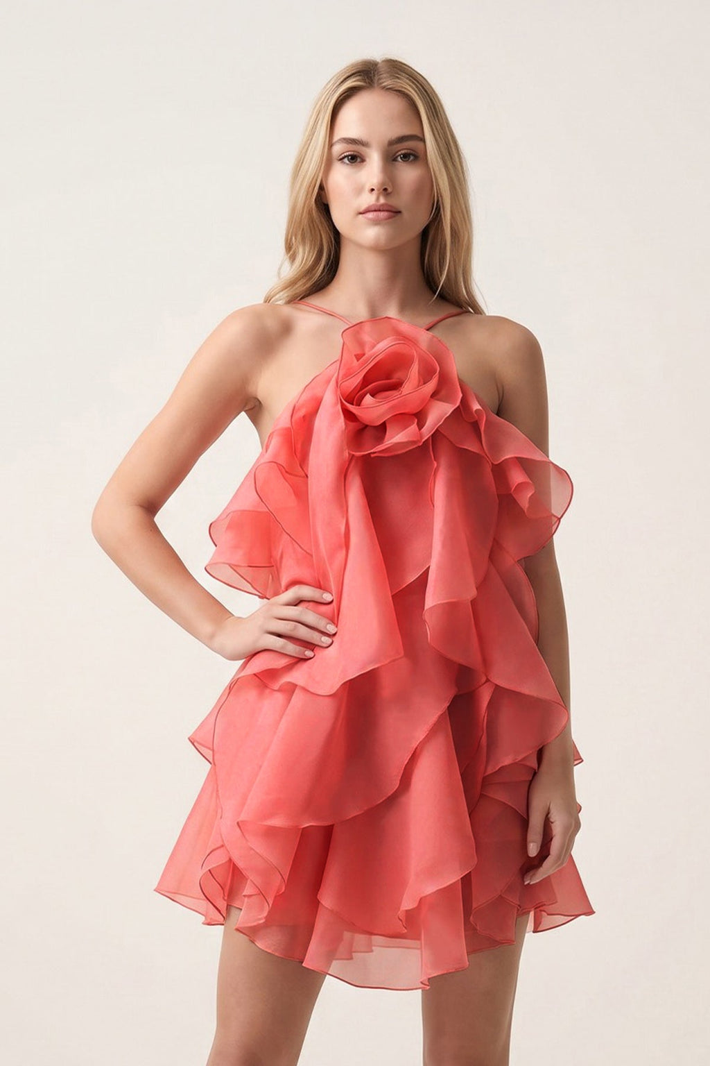 Coral Pink Ruffled Chiffon Halter Asymmetrical A-Line Homecoming Dress