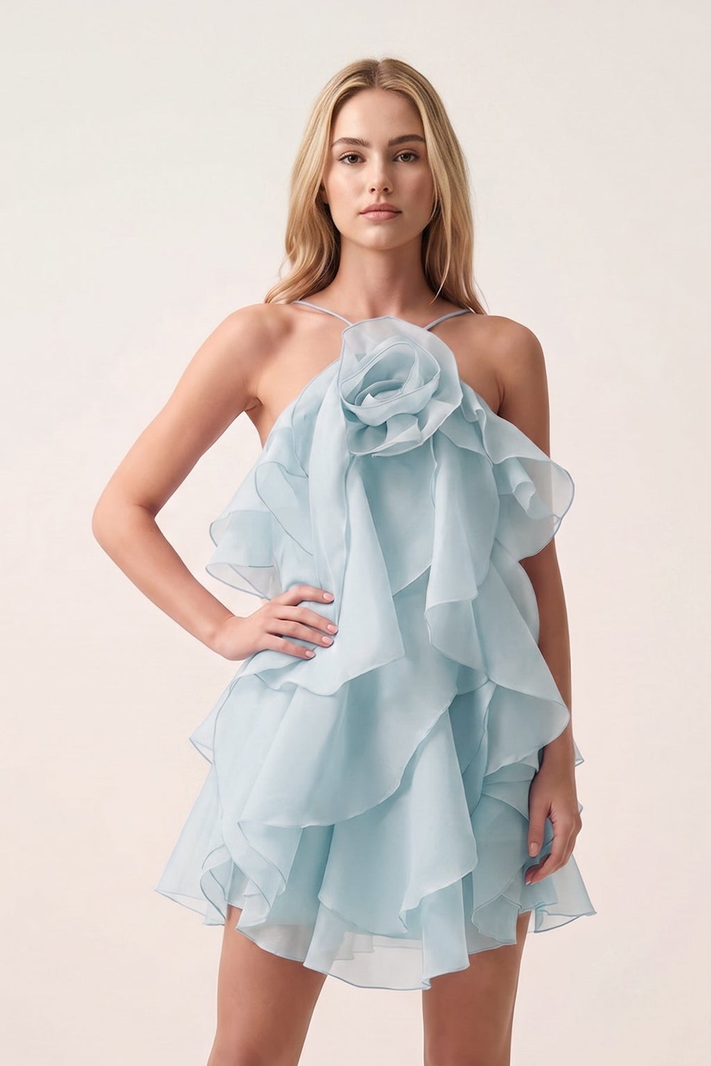 Coral Pink Ruffled Chiffon Halter Asymmetrical A-Line Homecoming Dress