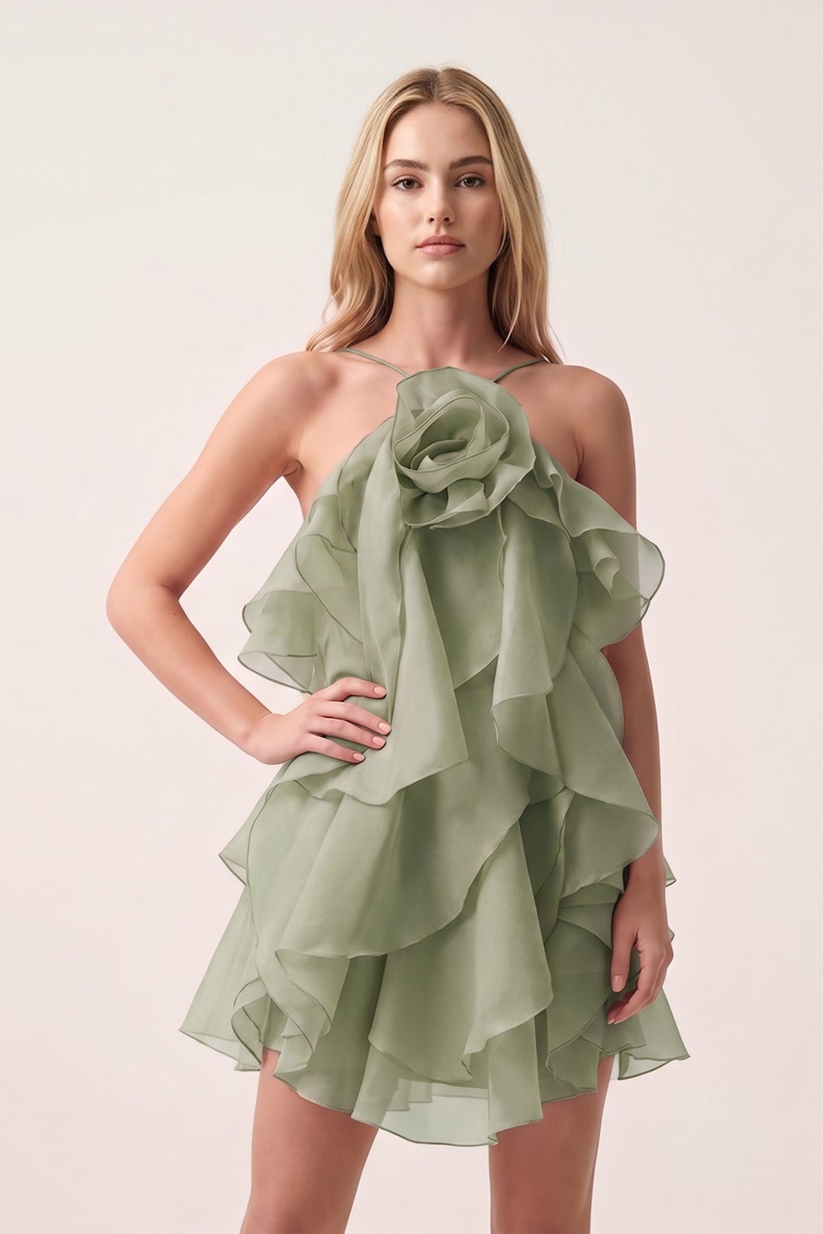 Coral Pink Ruffled Chiffon Halter Asymmetrical A-Line Homecoming Dress