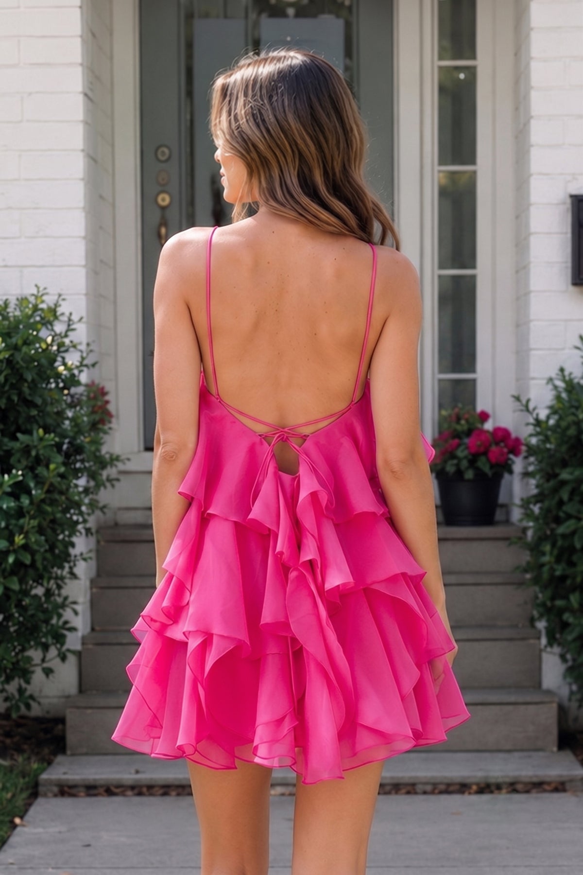 Coral Pink Ruffled Chiffon Halter Asymmetrical A-Line Homecoming Dress