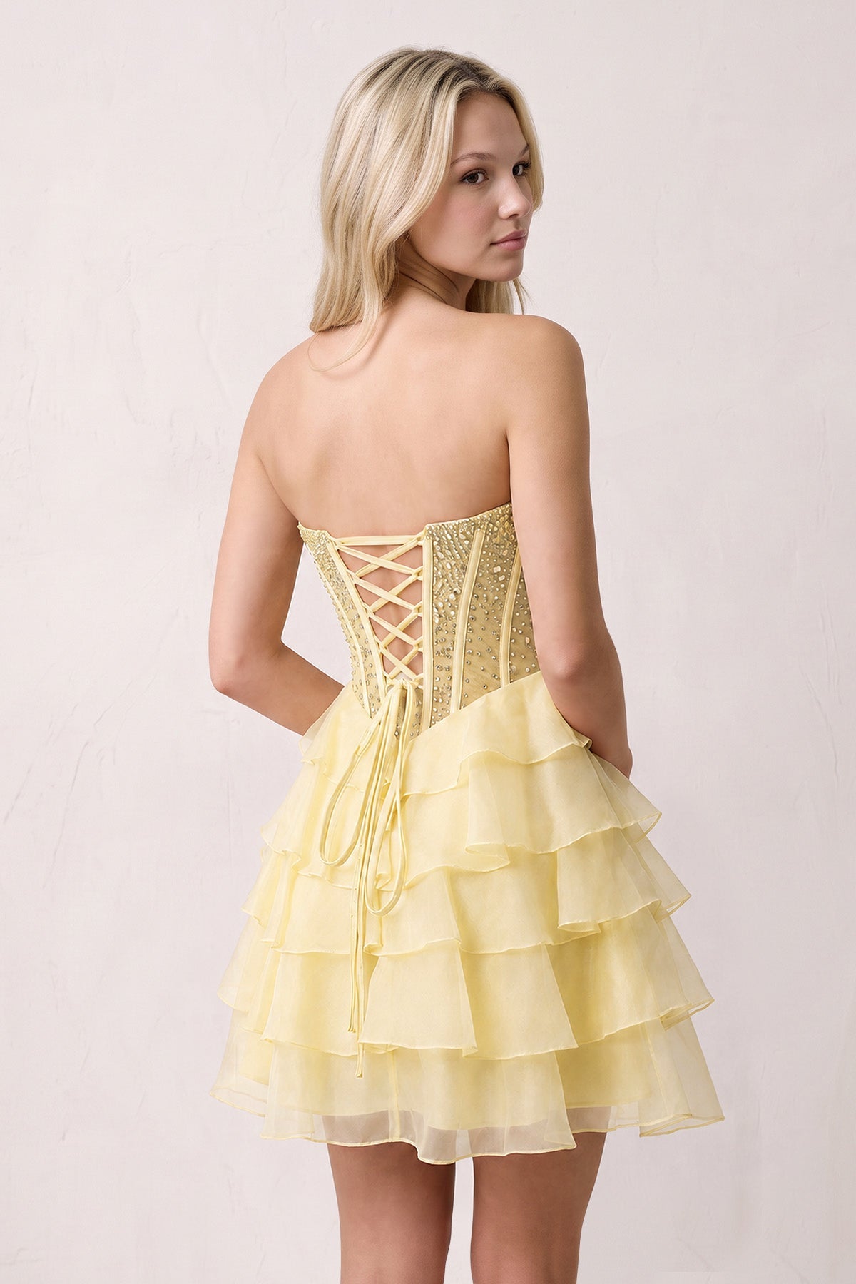 Coral Pink Sweetheart Tiered Ruffled A-Line Corset Chiffon Homecoming Dress