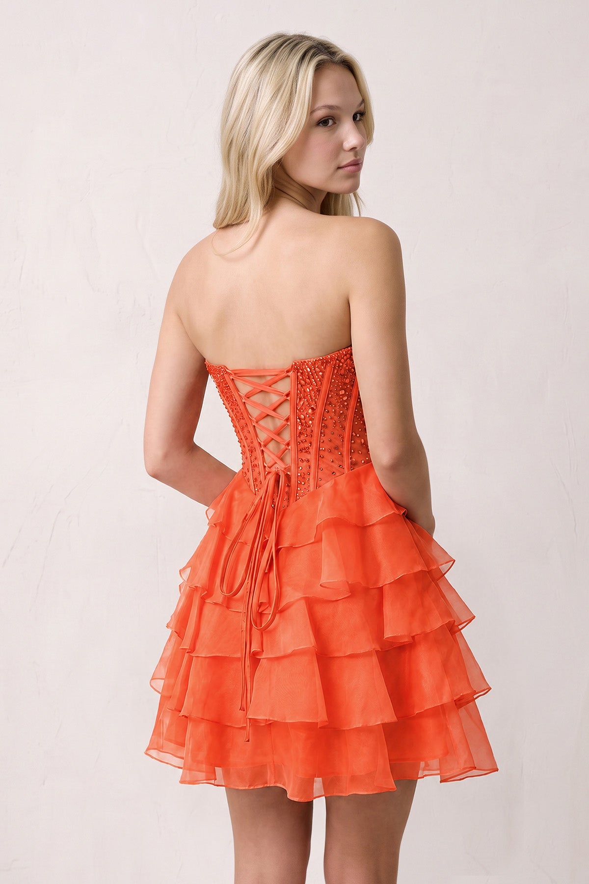 Coral Pink Sweetheart Tiered Ruffled A-Line Corset Chiffon Homecoming Dress