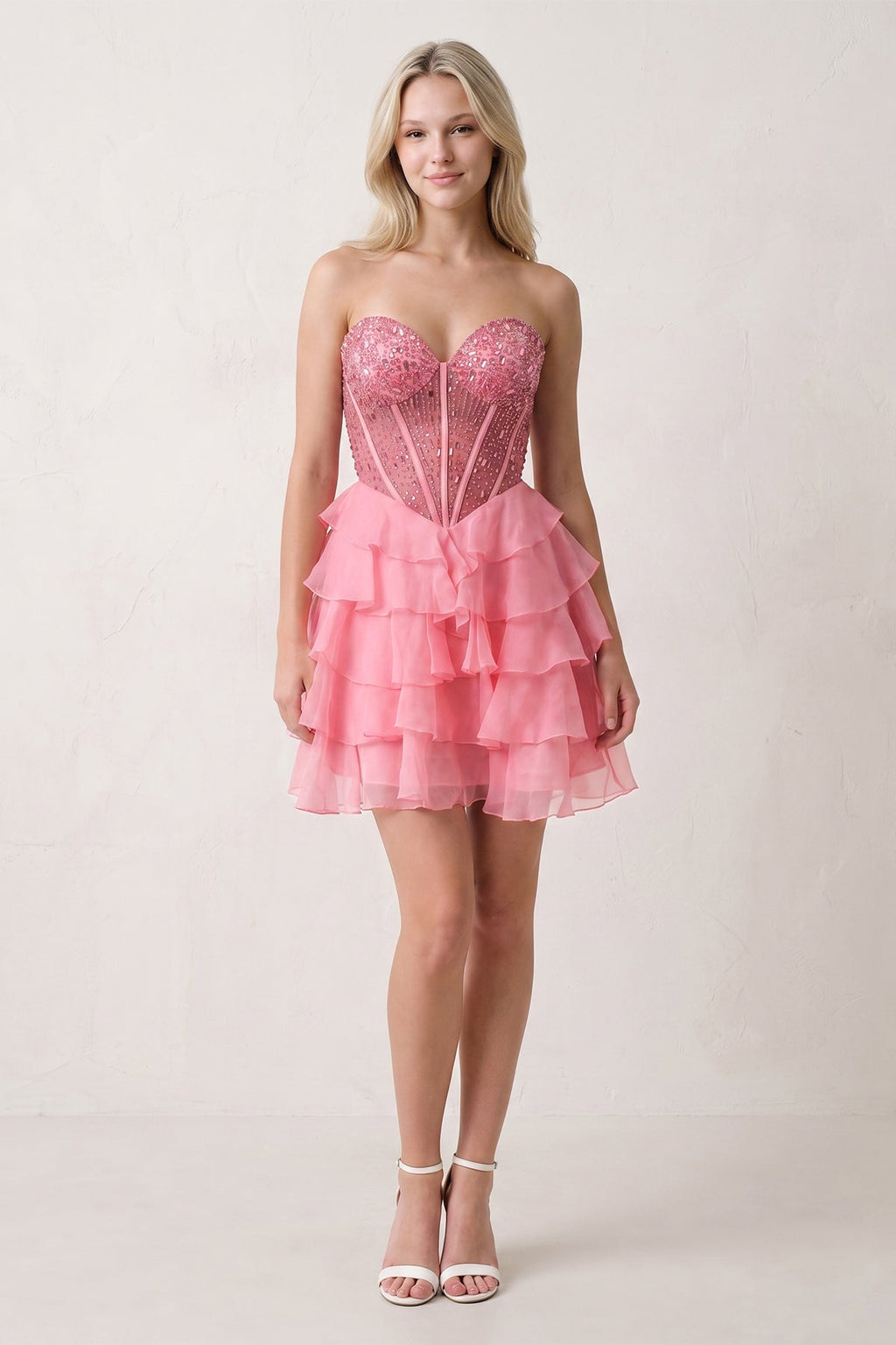 Coral Pink Sweetheart Tiered Ruffled A-Line Corset Chiffon Homecoming Dress