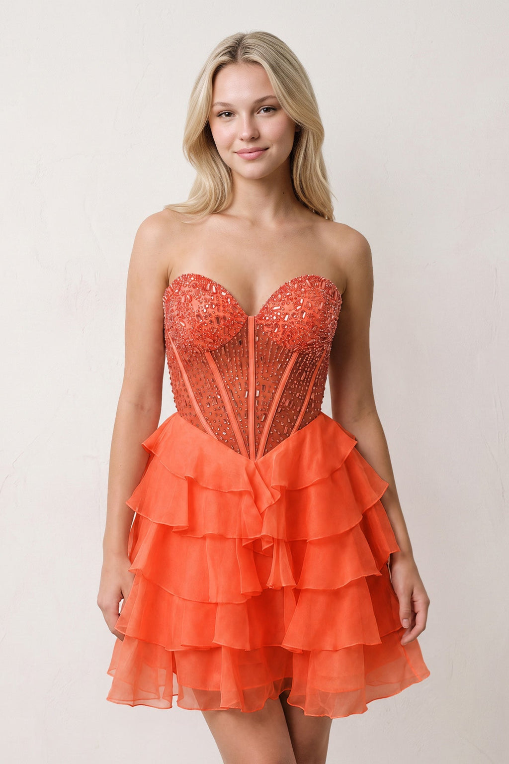 Coral Pink Sweetheart Tiered Ruffled A-Line Corset Chiffon Homecoming Dress