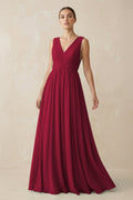 V-Neck Pleated A-Line Chiffon Bridesmaid Dress in Berry