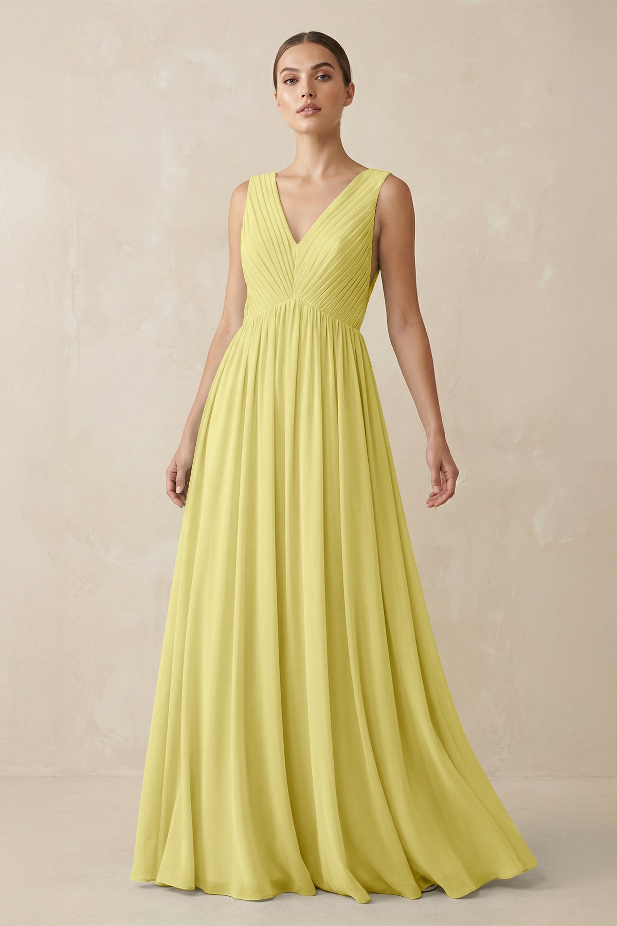 V-Neck Pleated A-Line Chiffon Bridesmaid Dress in Buttercup