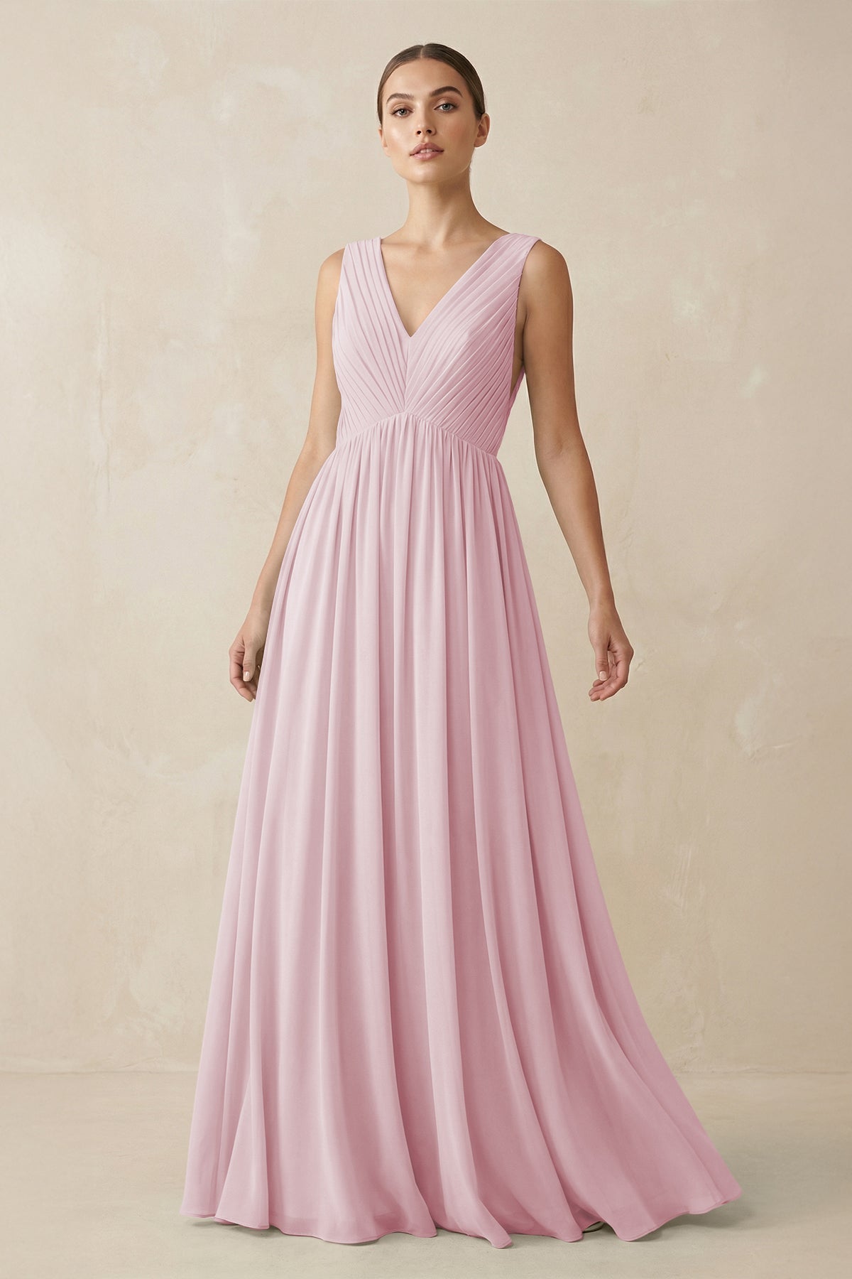 V-Neck Pleated A-Line Chiffon Bridesmaid Dress in Candy Pink