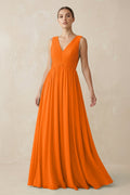 V-Neck Pleated A-Line Chiffon Bridesmaid Dress in Cinnamon