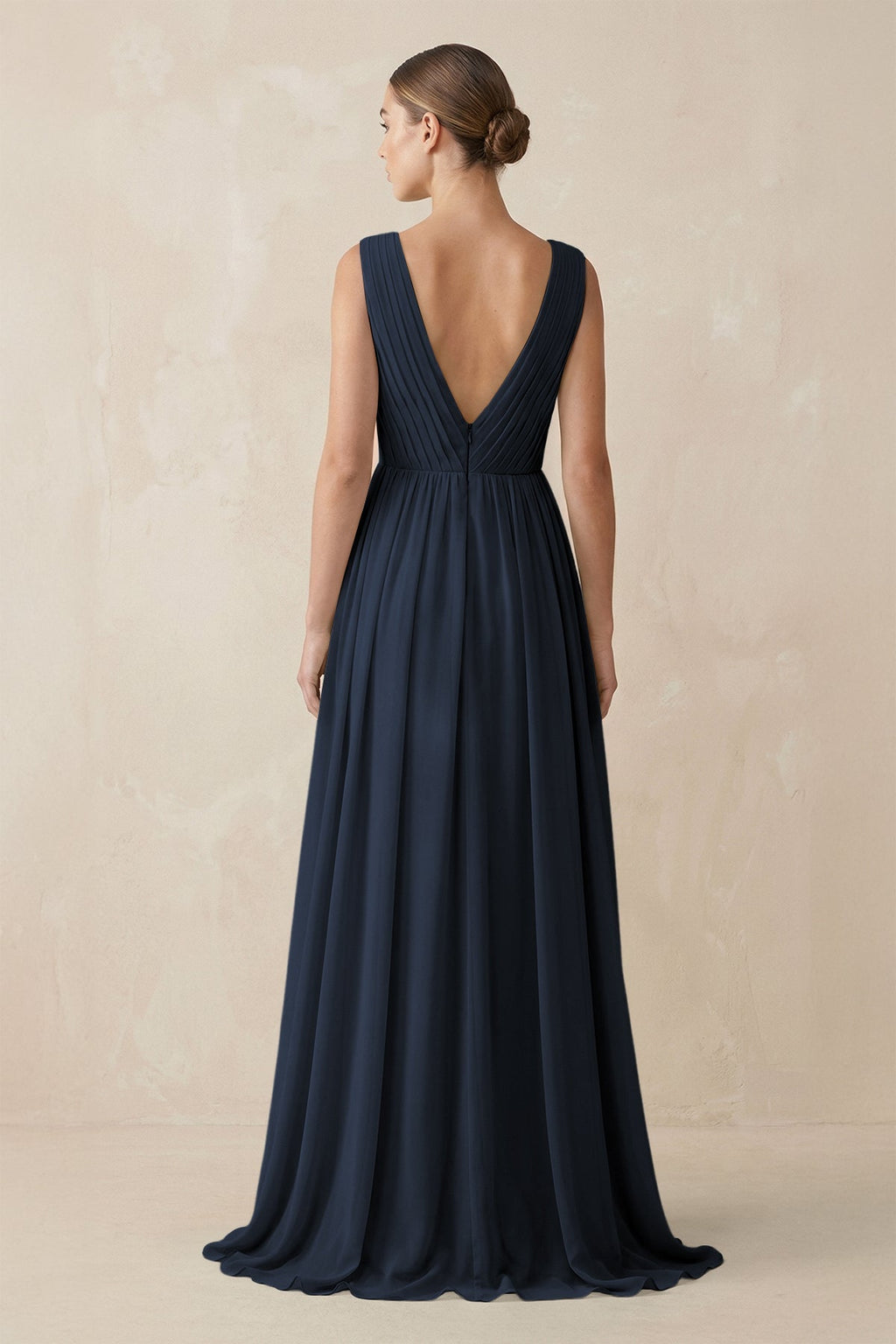 V-Neck Pleated A-Line Chiffon Bridesmaid Dress in Dark Navy