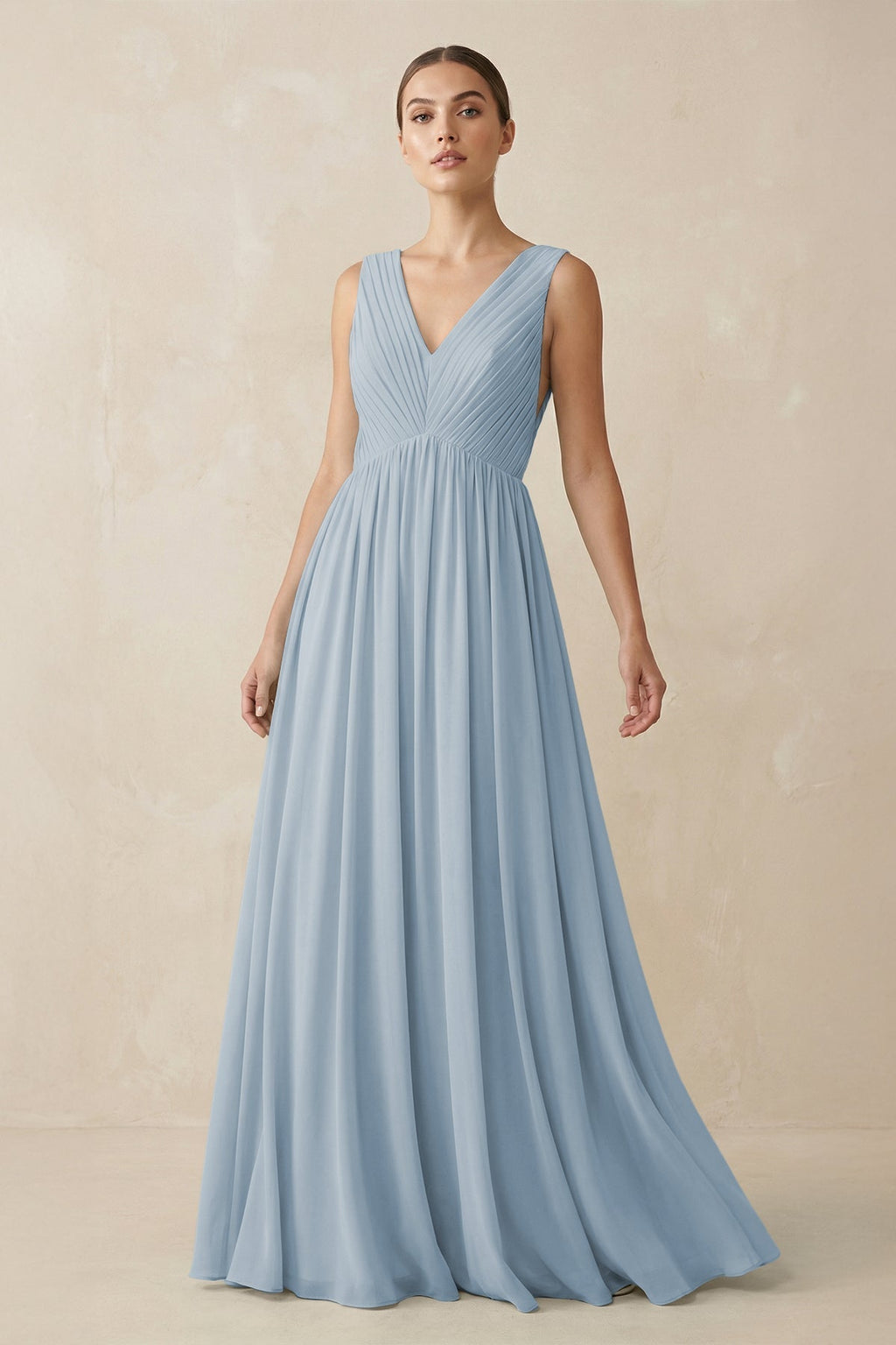 V-Neck Pleated A-Line Chiffon Bridesmaid Dress in Dusty Blue
