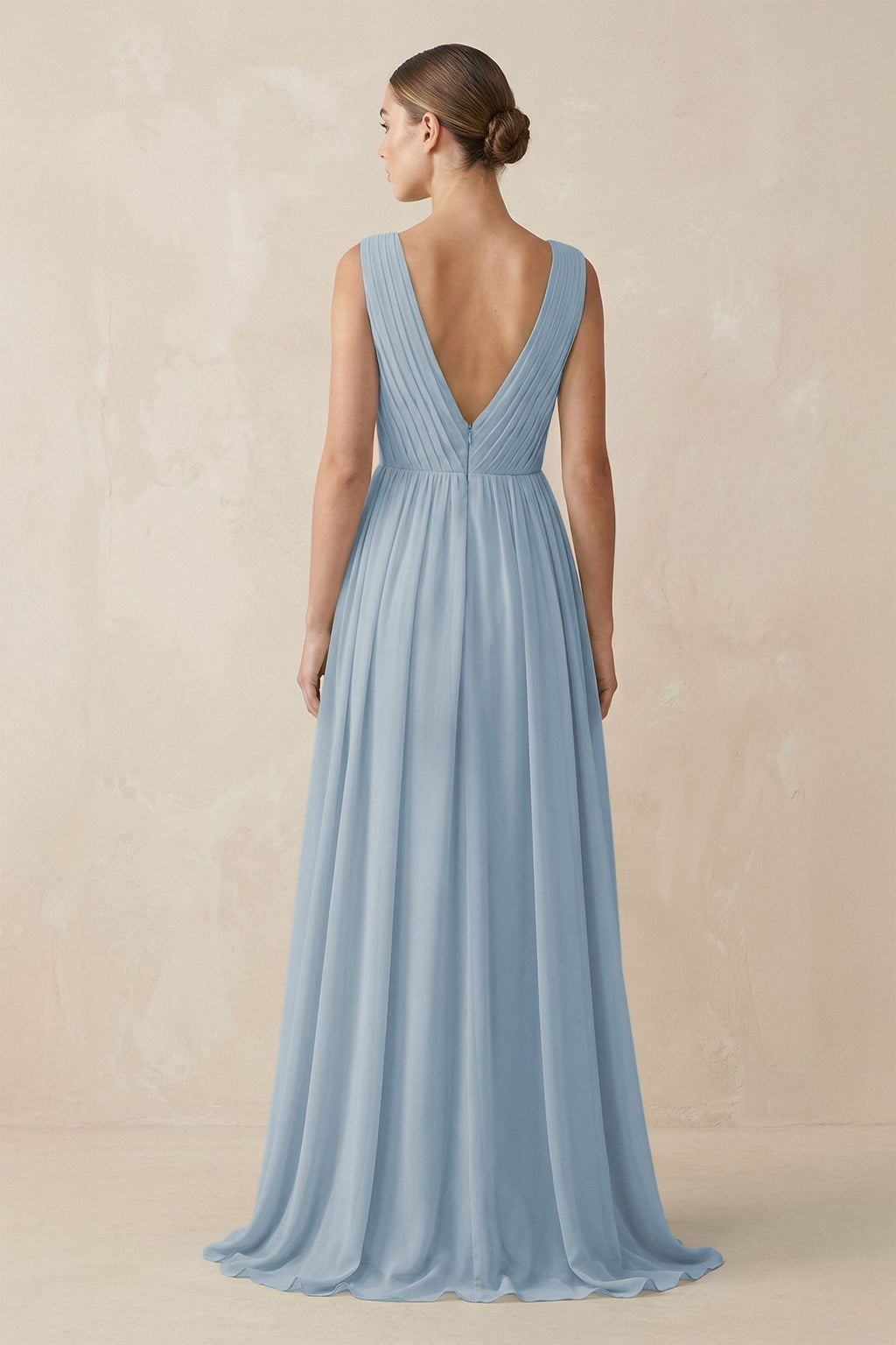 V-Neck Pleated A-Line Chiffon Bridesmaid Dress in Dusty Blue